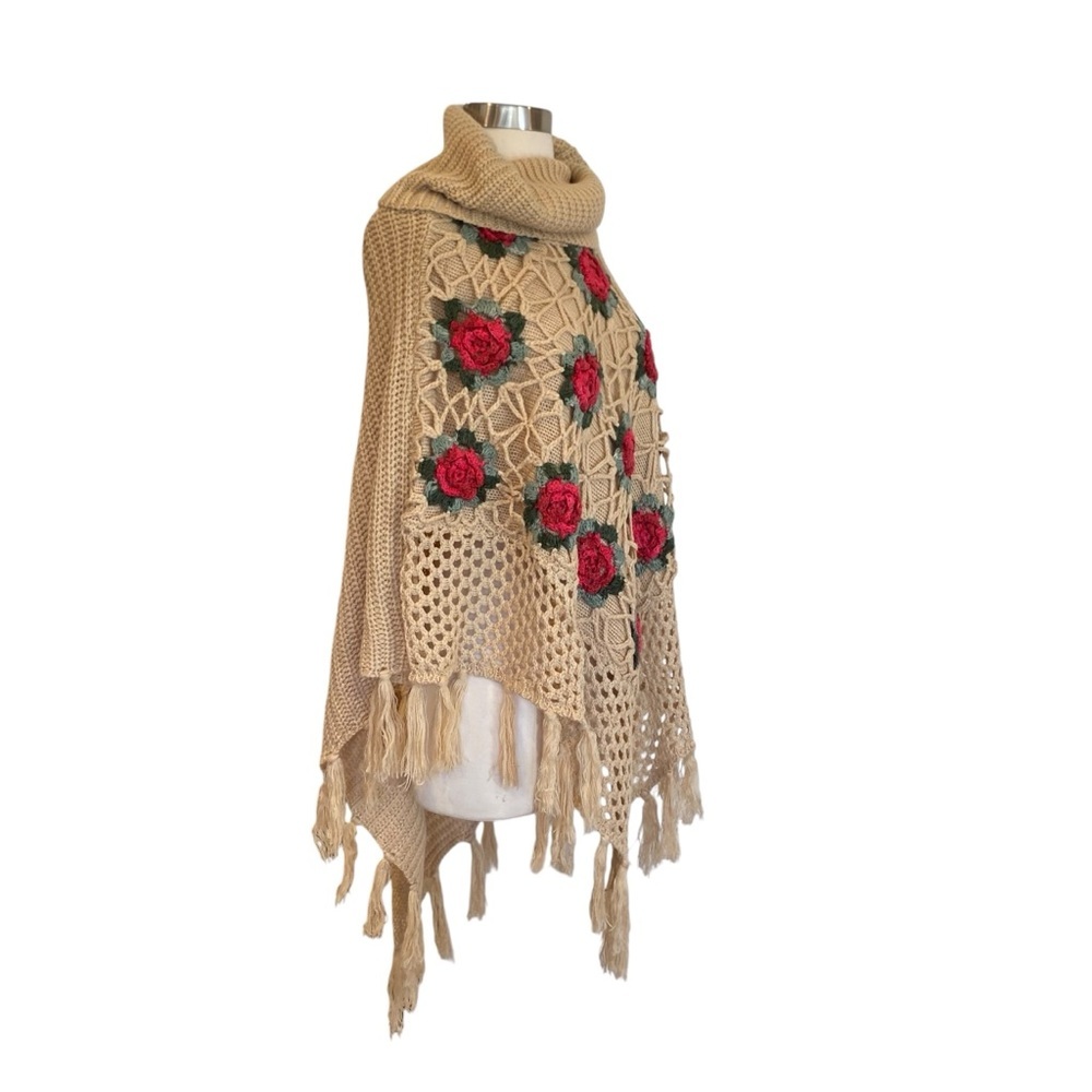 Crochet Knit Shawl Poncho with Rose Appliqué - Picture 4 of 6